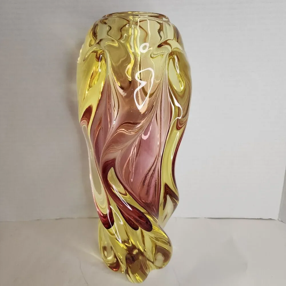 Vintage Hand Made Bohemia Glass Czech Republic Twisted Glass Vase Amber/Pink